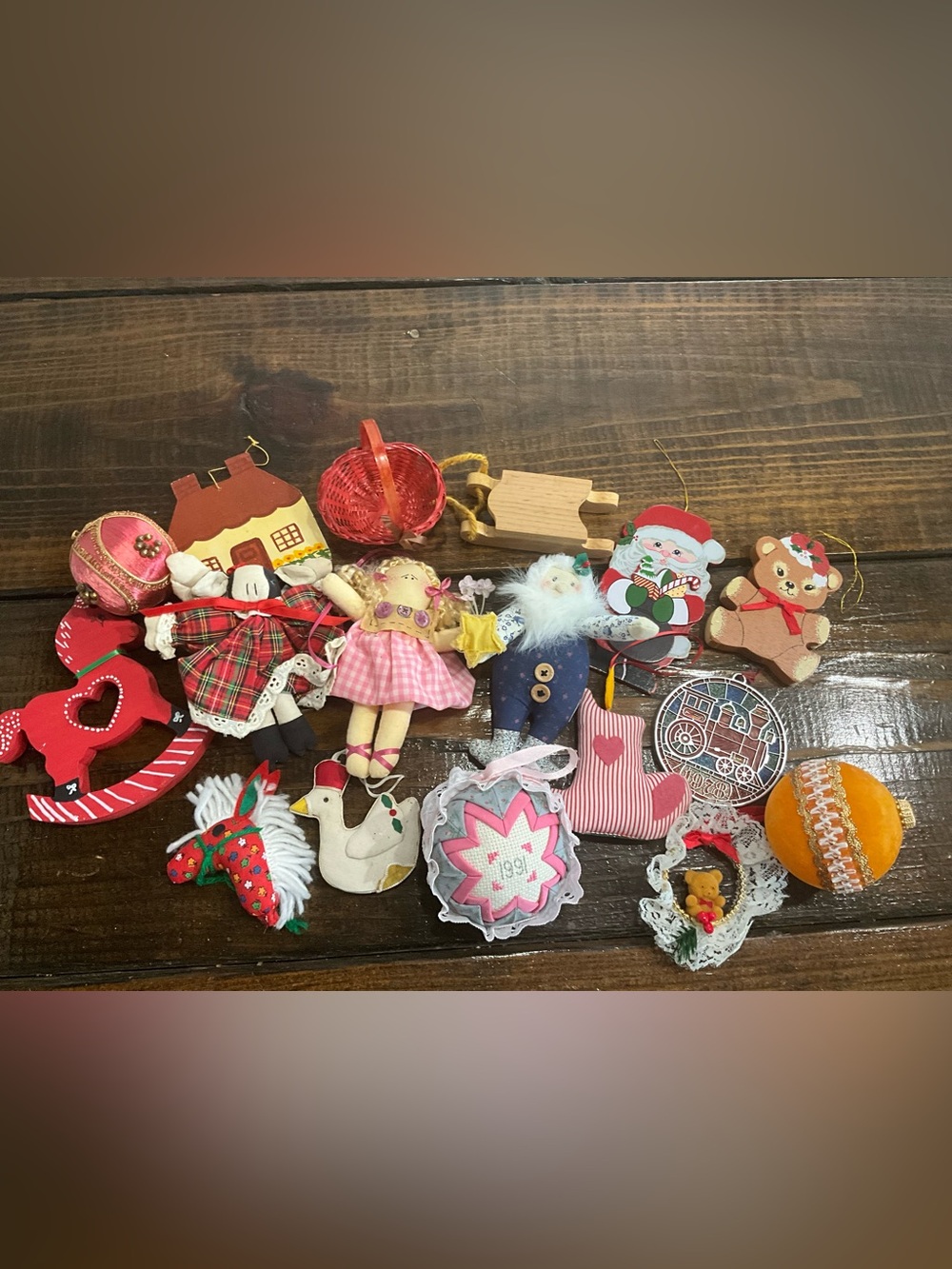 Lot of 17 Assorted Vintage Christmas Ornaments Handmade Fabric Wooden Cottage